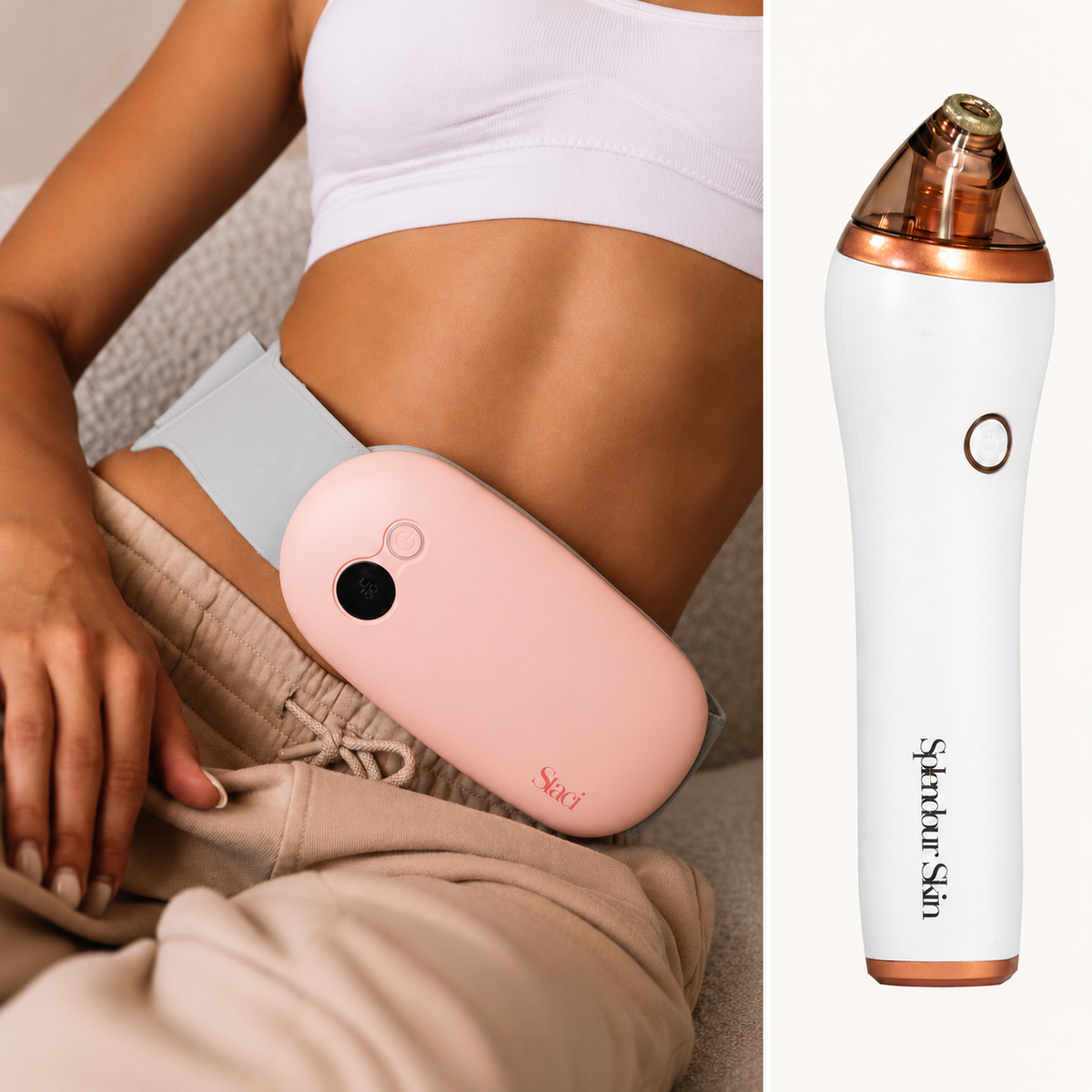 Pink Staci Companion worn at the waist beside the white Splendour Skin Microdermabrasion device